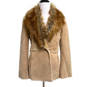 VTG Guess Womens Leather Coat Jacket Faux Fur Collar M Tan Y2K Indie Grunge 70s